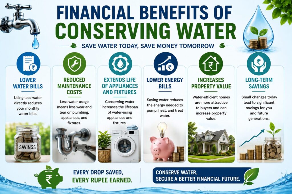 Infographic showing the financial benefits of conserving water, including lower water bills, reduced maintenance costs, lower energy expenses, longer appliance lifespan, increased property value, and long-term savings.