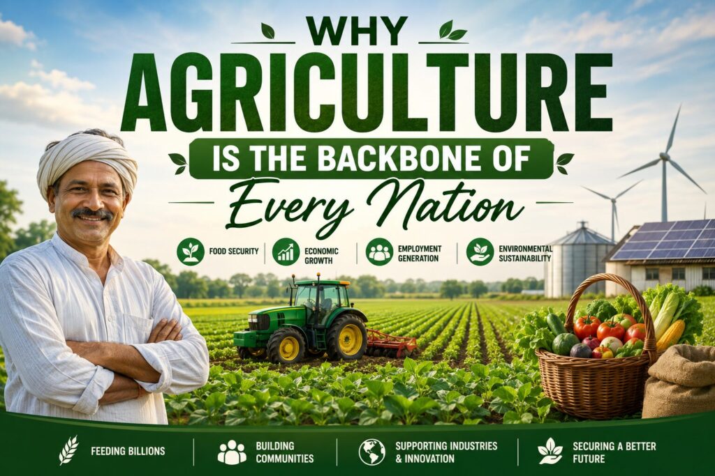 Featured image illustrating why agriculture is the backbone of every nation, showing a farmer, green crop fields, modern tractor, fresh produce, wind turbines, and sustainable farming practices.