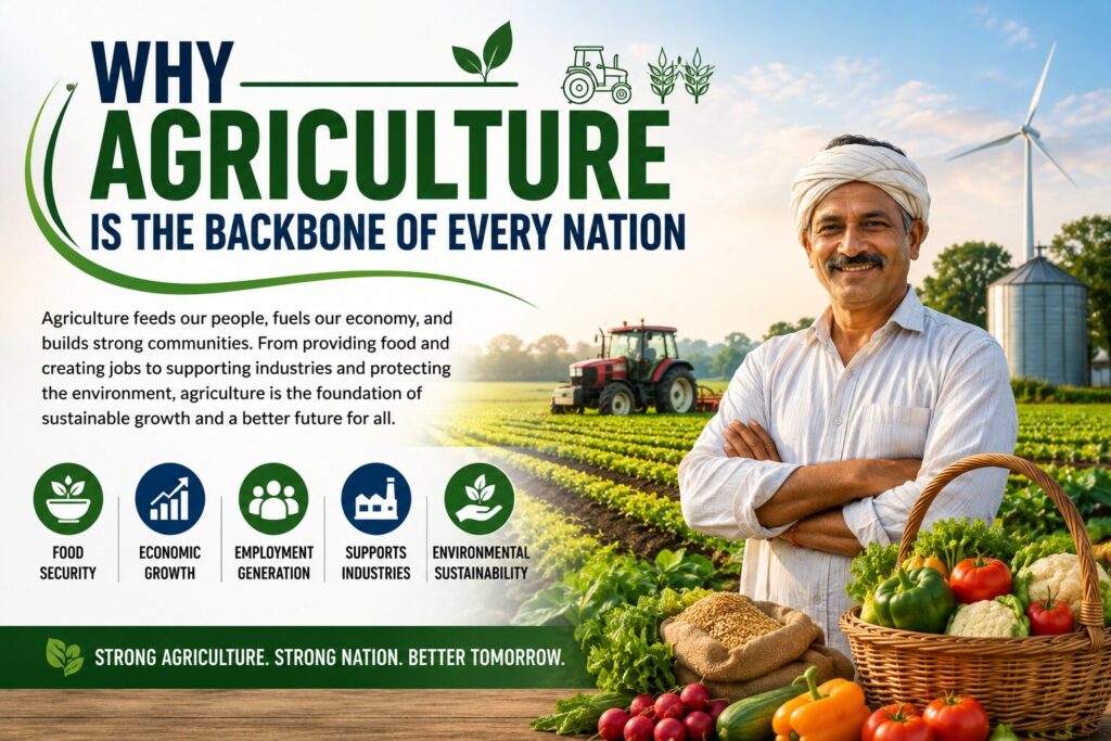 Header image illustrating why agriculture is the backbone of every nation, featuring a smiling farmer, green crop fields, a modern tractor, fresh vegetables, and symbols of food security, economic growth, employment, and sustainability.