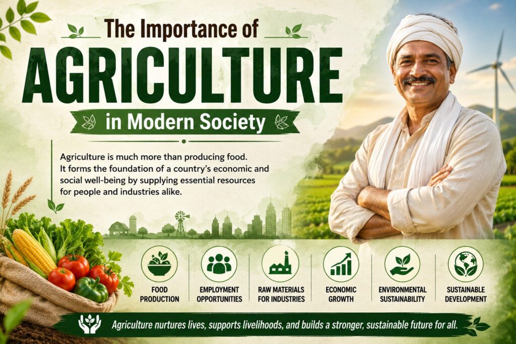 Infographic illustrating the importance of agriculture in modern society, featuring a farmer, fertile crop fields, fresh vegetables, and icons representing food production, employment, industrial raw materials, economic growth, environmental sustainability, and sustainable development.