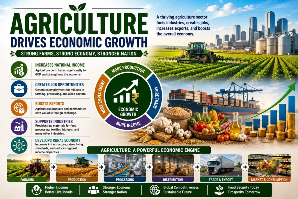 Infographic illustrating how agriculture drives economic growth through increased farm production, employment opportunities, exports, industrial development, food processing, trade, and rising national income.
