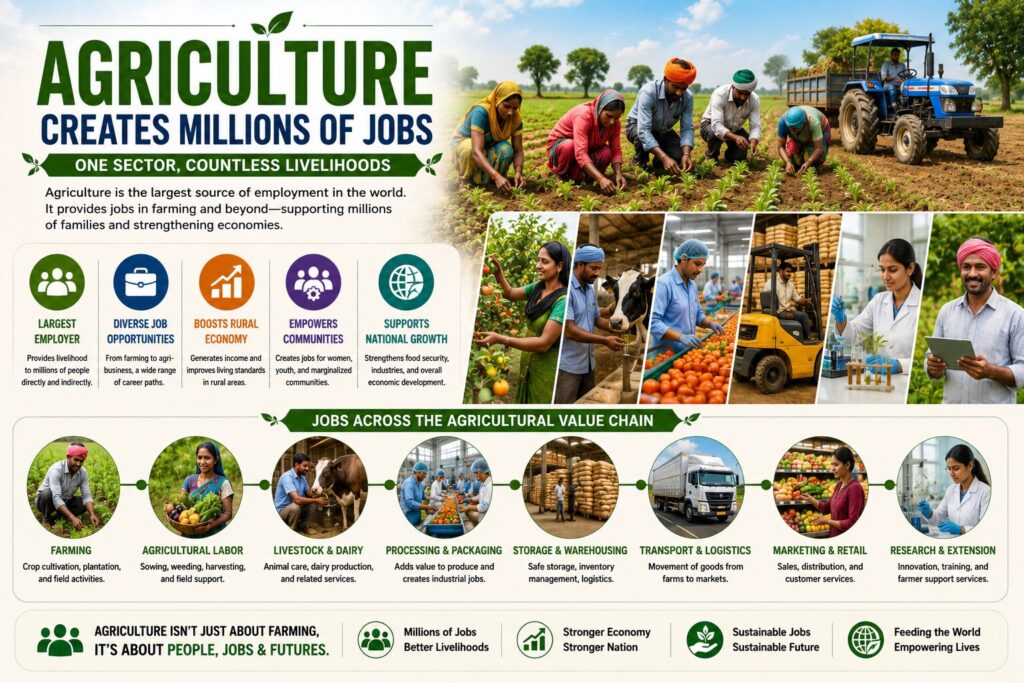 Infographic illustrating how agriculture supports industrial development through raw materials for food processing, textiles, paper, biofuels, pharmaceuticals, transportation, and manufacturing industries.