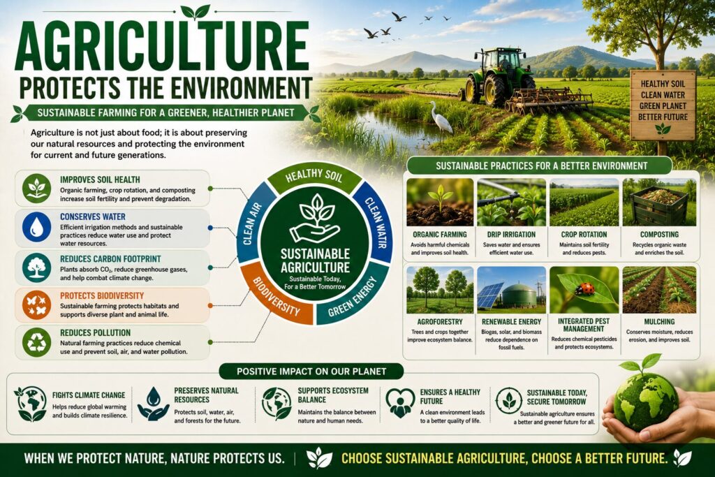 Infographic illustrating how agriculture protects the environment through sustainable farming practices, soil conservation, water management, biodiversity protection, renewable energy, organic farming, and climate-friendly agriculture.