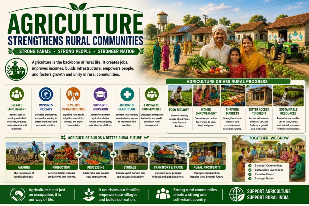 Infographic illustrating how agriculture strengthens rural communities by creating employment, improving incomes, supporting education and healthcare, developing infrastructure, empowering local farmers, promoting thriving markets, and fostering sustainable rural development.