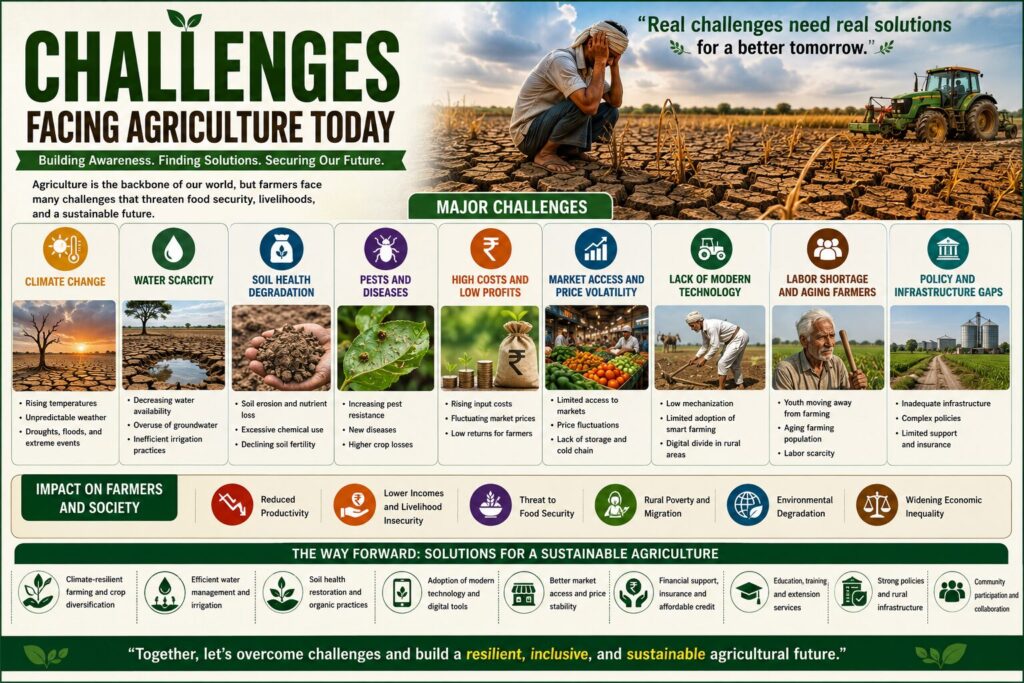 Infographic illustrating the major challenges facing agriculture today, including climate change, water scarcity, soil degradation, pests and diseases, rising production costs, labor shortages, market volatility, and limited access to modern farming technology.