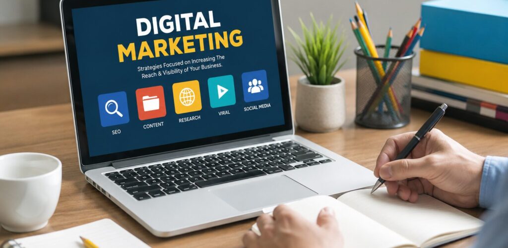 Laptop displaying digital marketing strategies with SEO, content marketing, social media, and business growth planning.