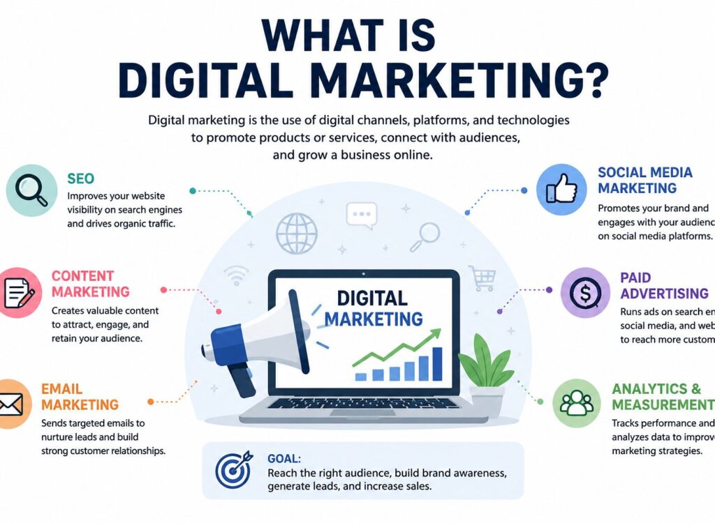 Illustration of digital marketing showing SEO, social media, content marketing, email marketing, and online business growth.